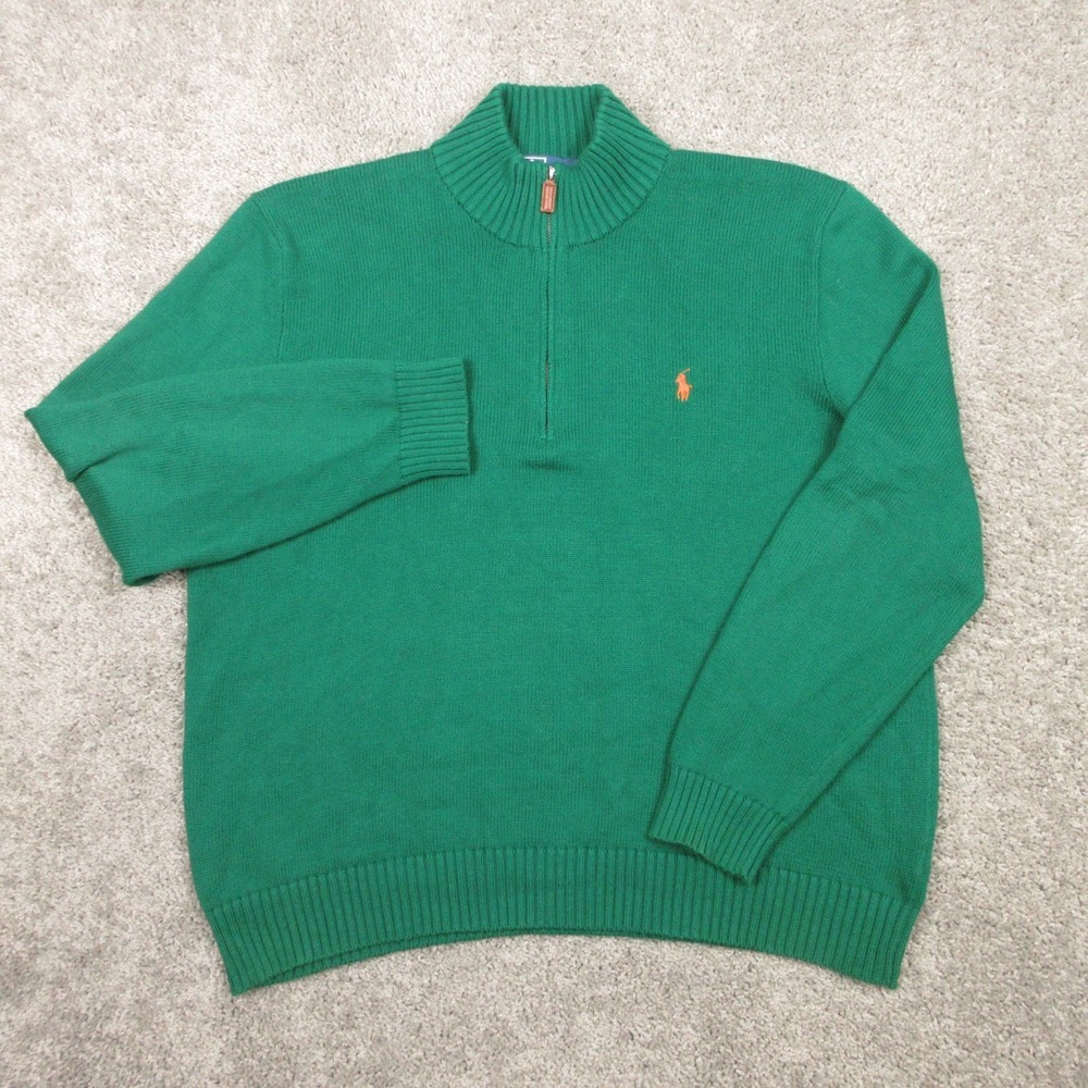 Polo Ralph Lauren Sweater Mens‎ 2XL Green Solid Orange Pony Quarter Zip Pullover